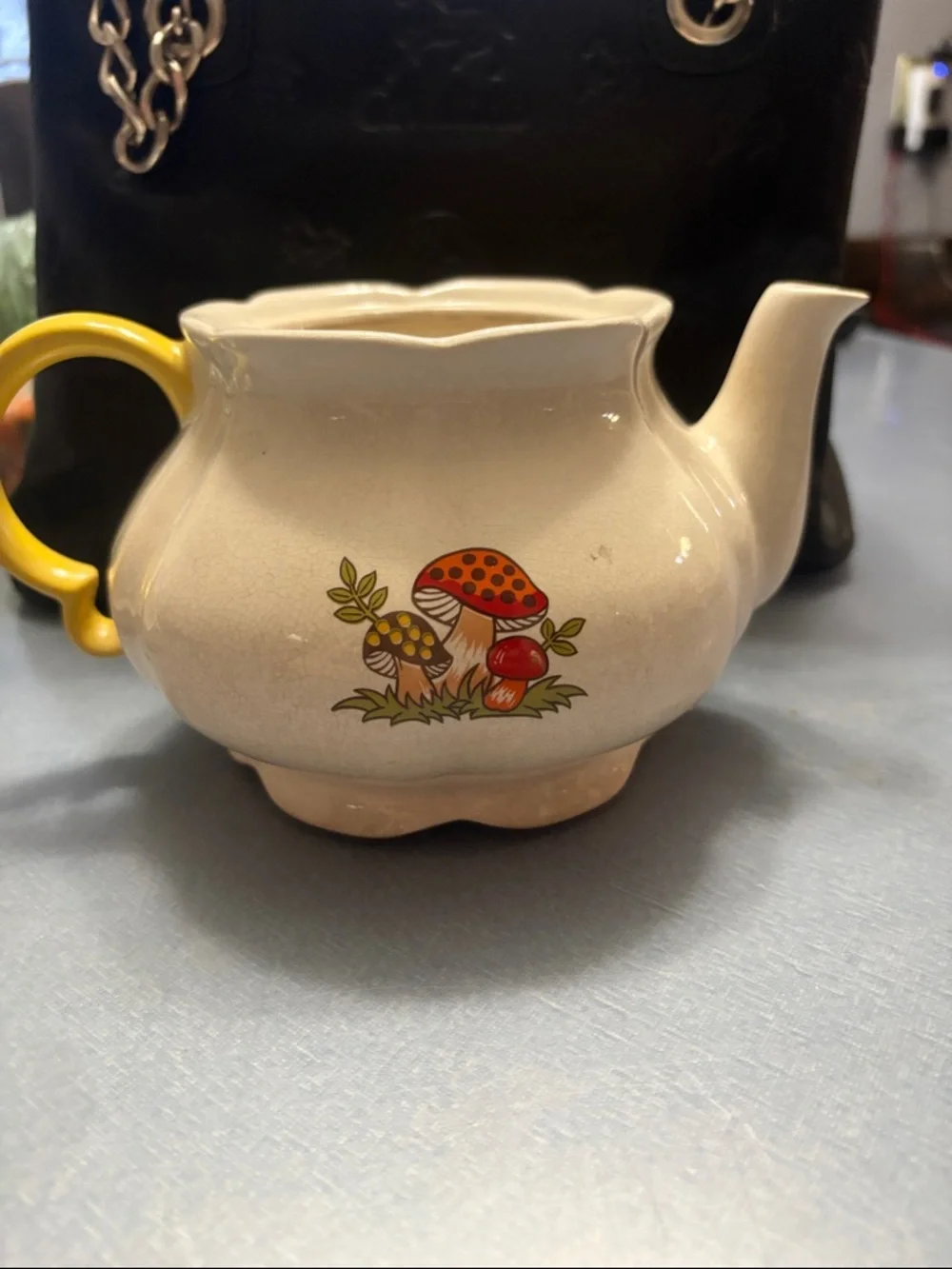 Vintage Mushroom Ceramic Teapot with Yellow Lid and Handle